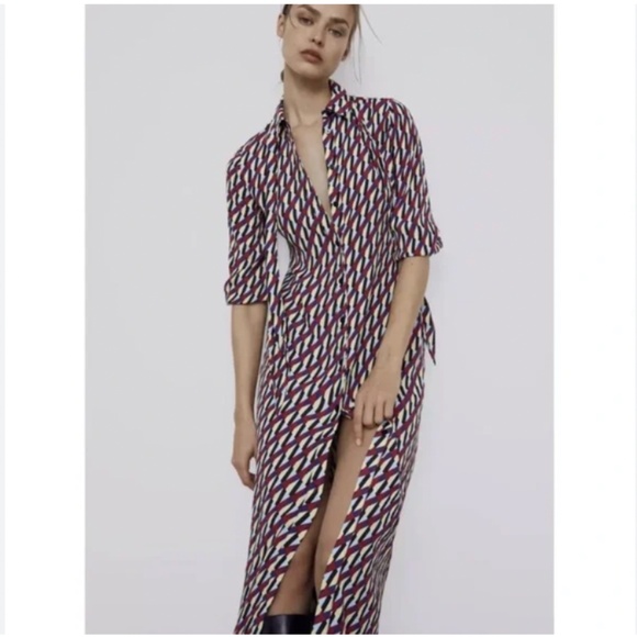 Zara The Sussy Geometric Button Front Maxi Dress with Tie Neck Size Small - Picture 1 of 7